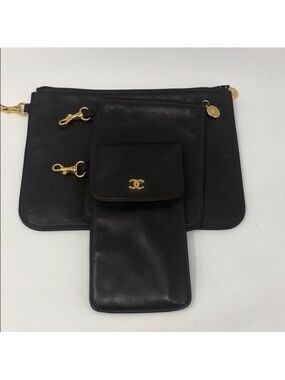 CHANEL Black Leather Multi-Pouch Wristlet with Gold CC Hardware